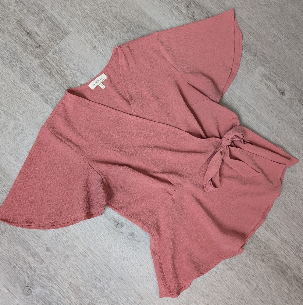 Monteau Casual Everyday Dusty Rose Flutter Sleeve Wrap Peplum Women's Top Size L - Picture 2 of 7